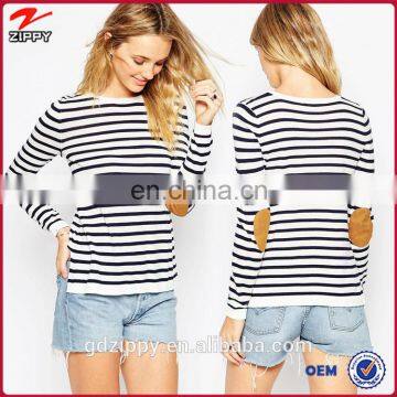 2015 China Manufactures Oval Tan Suede Elbow Patch Striped Sweater