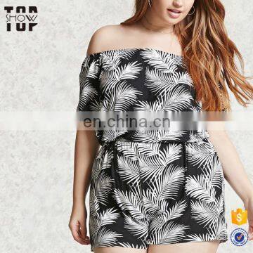 Wholesale xxxxl women plus size clothing off shoulder tropical print women short jumpsuit plus size