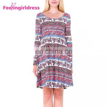 Free Samples Black Print Long Sleeve One Piece Dress Of Knee Length Casual Dress photo-4