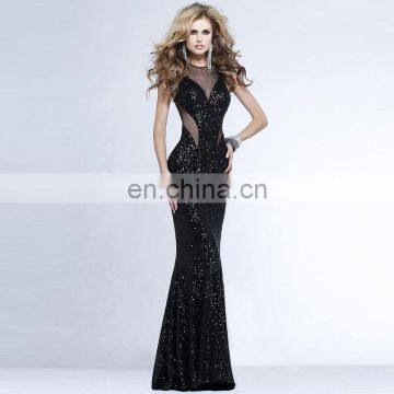 2016 Elegant ladies sleeveless mermaid party dress women long paillette black evening dresses