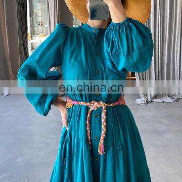 TWOTWINSTYLE Bohemian Dress For Women Temperament Stand Collar Lantern Long Sleeve High Waist Sashes photo-5