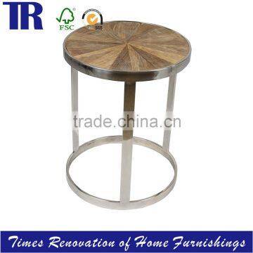 Recycle Elm Ray Jointing Side Table,Steel Side Table,Round Wood Side Table