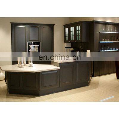 Luxury Marble Counter Top Solid Wood Black Kitchen Cabinet Furniture With Kitchen Island