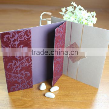 Latest Design Elegant Dark Red Square Shaped Flocking Wedding Invitation