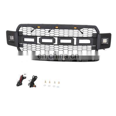 Black Replacement Grille ABS Front Mesh Grill Fit for 2018-19 Ford F-150 with 3 Amber LED Lights with Wiring Harness Kits