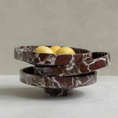 Carved Modern Red Marble Centerpiece Tray Rosso Levanto Marble Tray photo-4