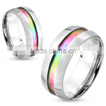 Rainbow Center Inlay Stainless Steel Couple Ring - Free Engraving