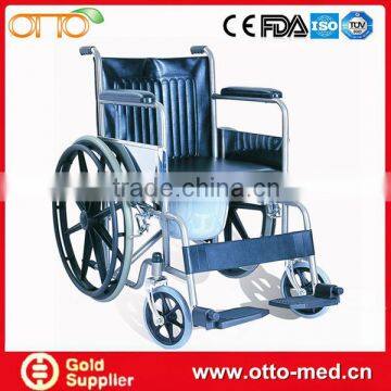 Steel frame commode wheelchair for elderly