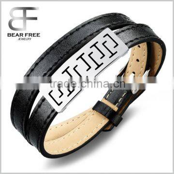 Mens 316L Stainless Steel Monogram Leather Capital J Adjustable Double Layers Cuff Bracelet