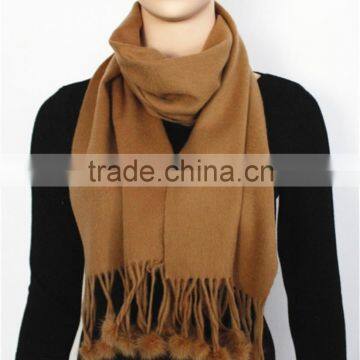 Camel Plain Color Pure Wool Scarf With Rabbit
