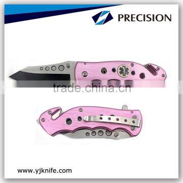 3-1/4"Aluminum Pink Color Handle Folding Survival Knife with glass breaker