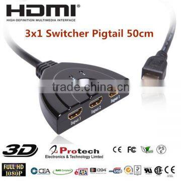 3 way hdmi pigtail switcher 3 in 1 out, with hdmi cable 50cm , support 3D, PET0301D