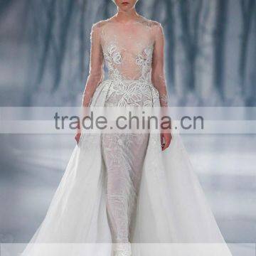 AR-107 Fashion Gaun Pengantin With Removable Tulle Train Matrimonio Flowers Appliques Nude Sexy Sheath Wedding Dress