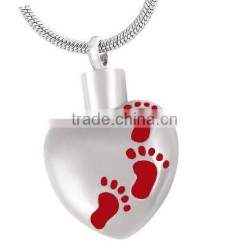 SRP8377-Red Human Cremation Memorials 3-Footprint Heart Necklace Stainless Steel Cremation Urn Pendant