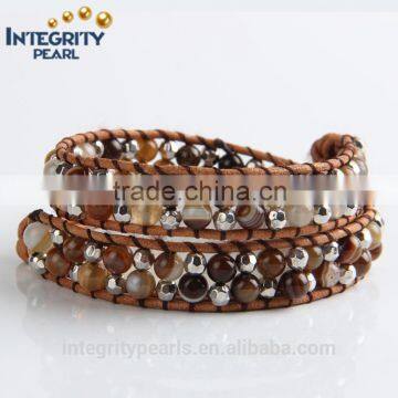 6mm natural brown striped agate beaded real make braided leather bracelet with beads