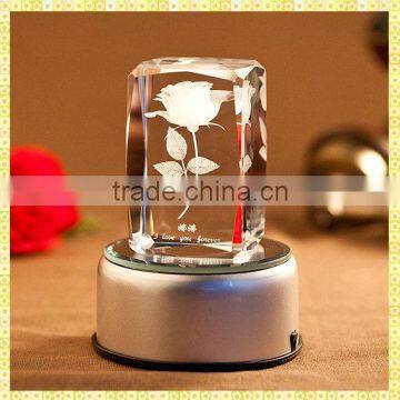 Handcrafted 3D Rose Laser Crystal With Led Light Base For Wedding Souvenirs