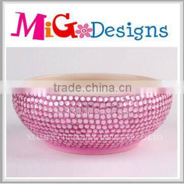 OEM Decor Art Gift Ceramic Round Shape Rhinestone Pet Dog Bowl