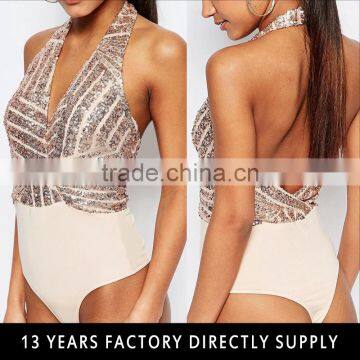 Wholesale gold sequin fabric halter backless sexy open dance bodysuit