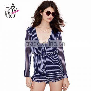 HAODUOYI Women Sexy Deep V Blue Stripe Chiffon Short Jumpsuit Fold Playsuits for Wholesale