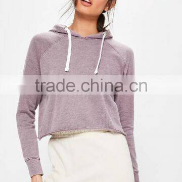 Purple Washed Hoodie Raw Hem Custom 100% Cotton French Terry Raglan Sleeve Women Cropped Hoodies photo-4