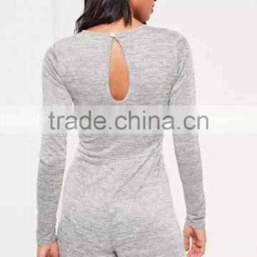 Grey Lace Up Romper Cut Hole Button With Long Sleeve Custom Cotton Blends Stretchy Slim Women Pyjamas photo-3