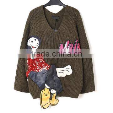 M1209 Runwaylover 2016 Latest Design Fashion Ladies V-neck Sequin Cartoon Figure Letter Pattern Sweater photo-3