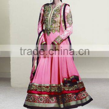 Pink color with Zari Lite Green color embroidery border at bottom and at neck Anarkali Designer Semi Stitch Salwar Kameez
