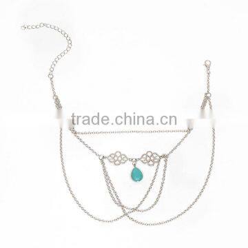 New Fashion Link Cable Chain Silver Tone Hollow Pattern Carved Connector With Turquoise Drop Pendant Body Arm Chain Necklace photo-3