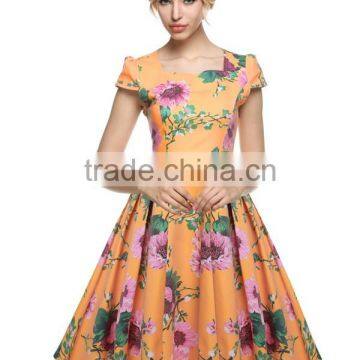 2016 Vestidos 1950's Vintage Style Women Elegant Cap Sleeve Floral Spring Garden Party Picnic Cocktail Swing Tea Dress