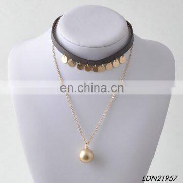 Big gold pearl disc pendant necklace black leather choker necklace sets