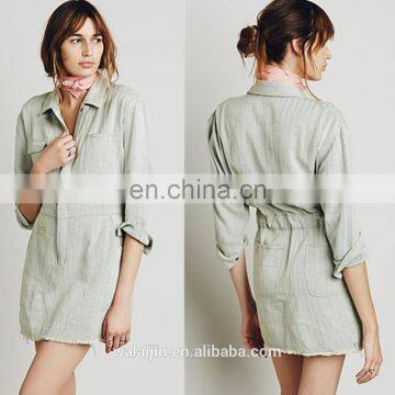 Three quarter sleeve fray hem lastest design dress made of cotton, mini denim dress design