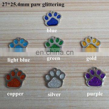 27 mm Engraved Iron Glittering Paw Shaped Dogs Hanging Collars ID Charm Tags