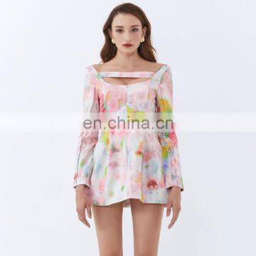 TWOTWINSTYLE Dress For Women Square Collar Long Sleeve Backless Print Hit Color Hollow Out Mini photo-4