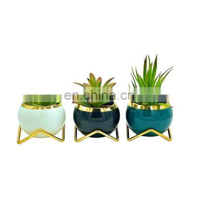 New Custom round nice mini small nordic modern ceramic succulent cactus flower pot  with metal holder