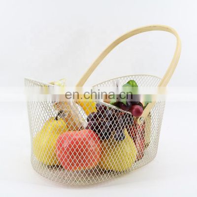 wholesale home metal wire fruit vegetable storage wire fruit basket wholesale with wood handle