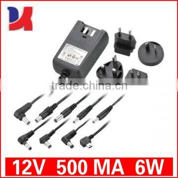 <25>switching type AC to DC 5v 12v 24v 0.5a interchageable plug power adapter with safety approval