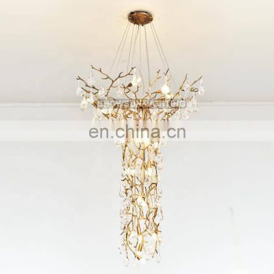 High Quality Luxury Modern Crystal Chandelier Lighting Gold Copper Tree Branch Hanging Lamp for Staircase