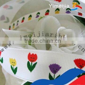 Smile flowers printing white grosgrain ribbon