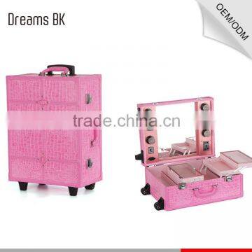 Fashional Design Pink Lighted Mirror Cosmetic Makeup Beauty Trolley Carring Case photo-5