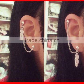 high quality fashion 925 sterling silver feather charm double hole ear cuff