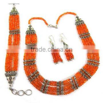 Mystical Beaded Carnelian Rava Work 925 Sterling Silver Jewellery Set, Gemstone Silver Jewelry, Silver Jewelry