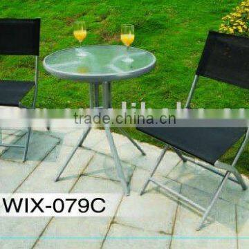 Alu round glass table with 2pcs folding chair