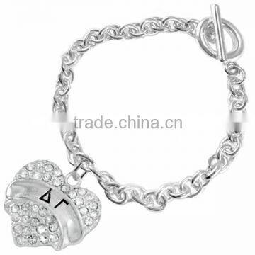 Genuine Austrian Clear Crystal "Delta Gamma" Greek Sorority Heart Charm Chain Link Bracelet photo-3