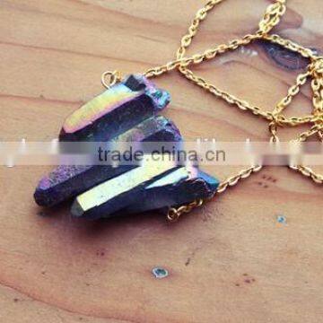 Rainbow Raw Aura Quartz Spike Necklace,Stone Natural Point Necklace, Druzy Stone Necklace