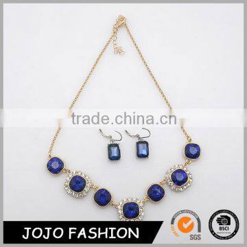 Fashion gold plated combine with seven square alloy inlay sappire faceted glass stones earring and necklace Jewelry Sets