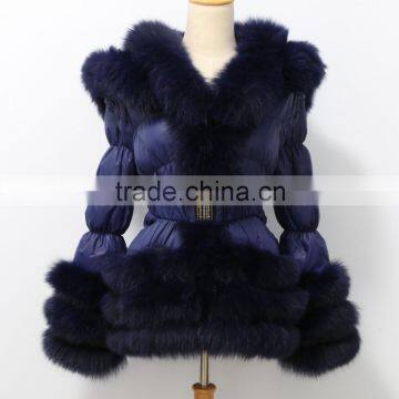 navyblue puffer coat with triple fox fur trim /down jacket