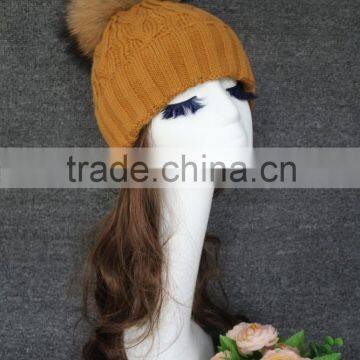 Red Knitted Fashion Cheap Winter Hats Raccoon Fur Ball Hats for Women