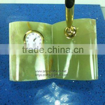 Book Shape Clock with Pen in Multi Green Onyx