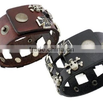 Cool Rock Leather Skull Bracelet Button Adjustable