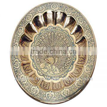 Large wall hanging decorative hand painted embossed brass plate